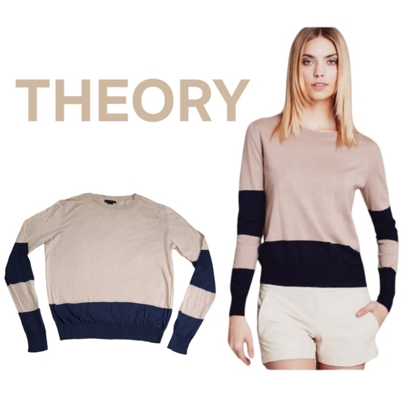 Theory Sweaters - Theory Abino Jam Crewneck Sweater in Cream / Navy Size Medium Cotton / Linen